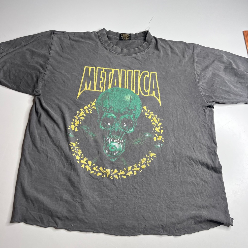 Metallica Green Skull Graphic T-Shirt Echo Gold Series Gray Distressed Mens XL